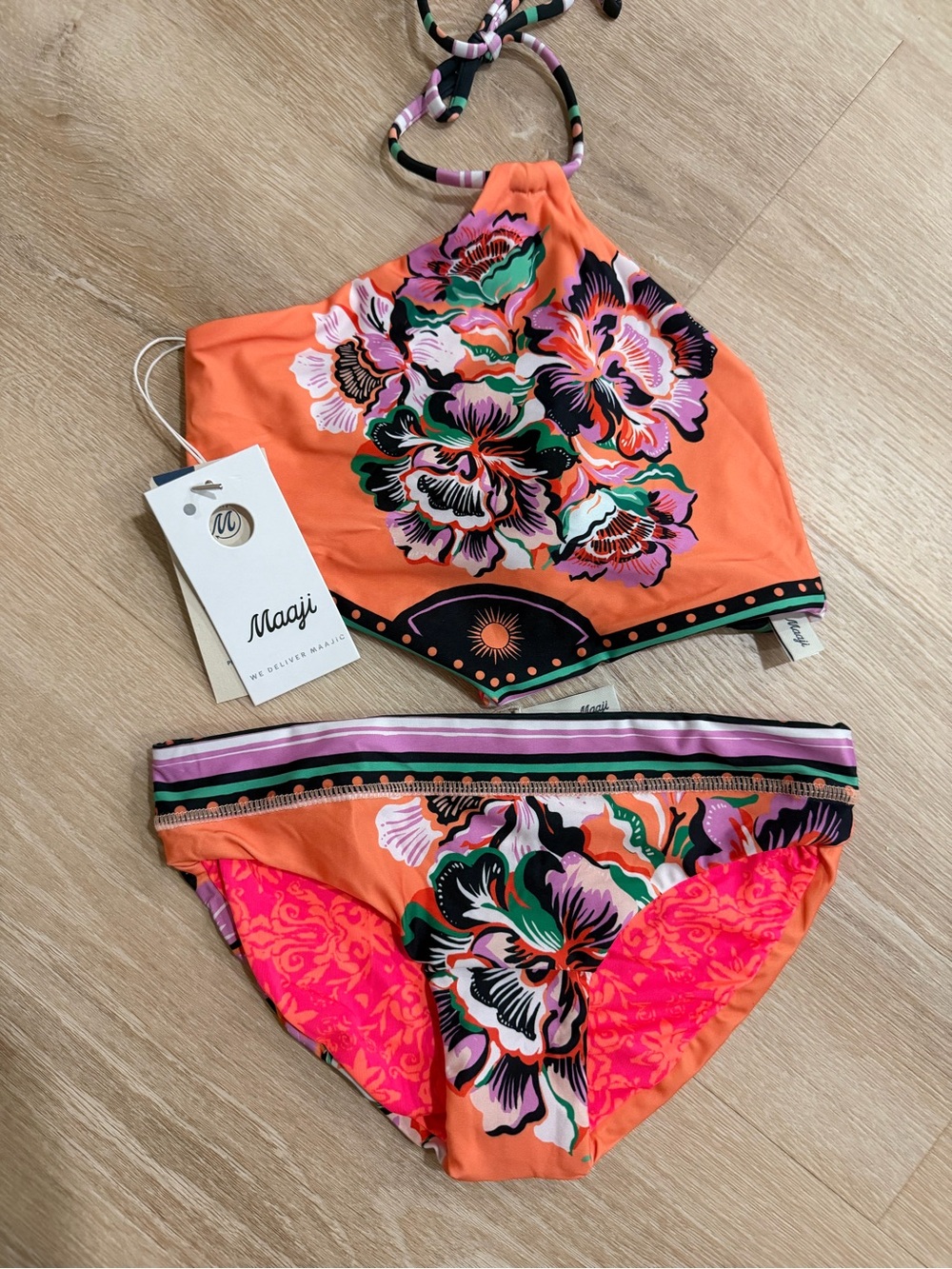 Maaji Orange Floral Bandana Halter Kids Bikini Set with Pink & Green Accents